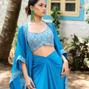Teal Blue Tulip Skirt With Cape Set