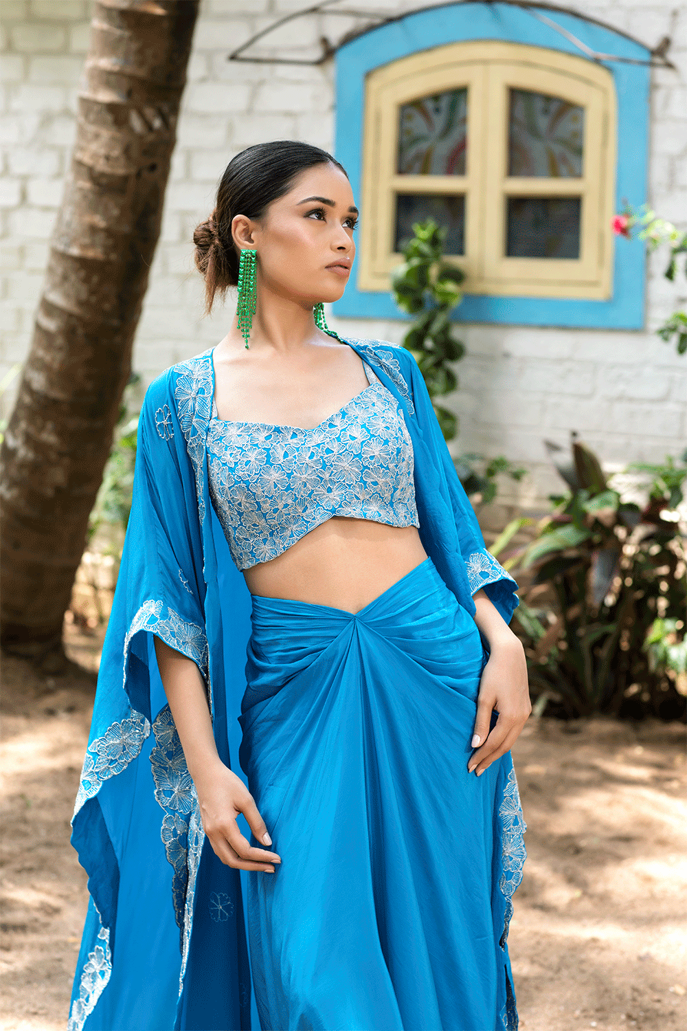 Teal Blue Tulip Skirt With Cape Set