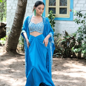 Teal Blue Tulip Skirt With Cape Set