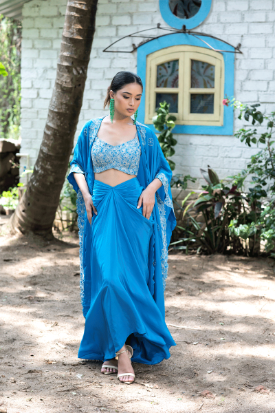 Teal Blue Tulip Skirt With Cape Set