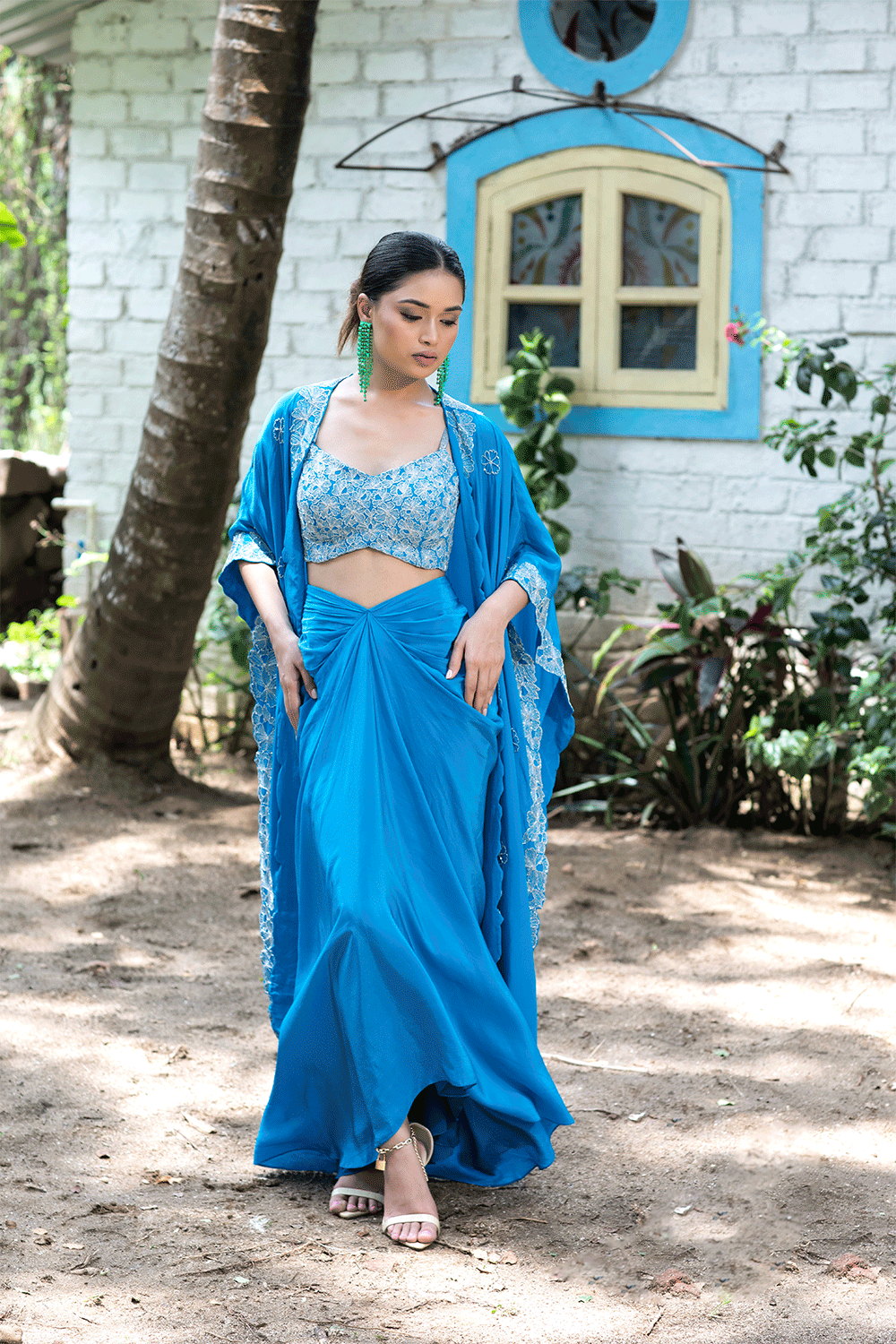 Teal Blue Tulip Skirt With Cape Set