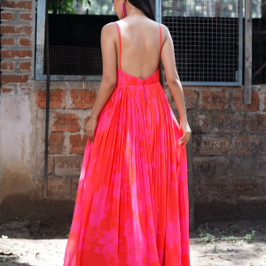 Pink/Red Printed Strappy Ruched Anarkali Set