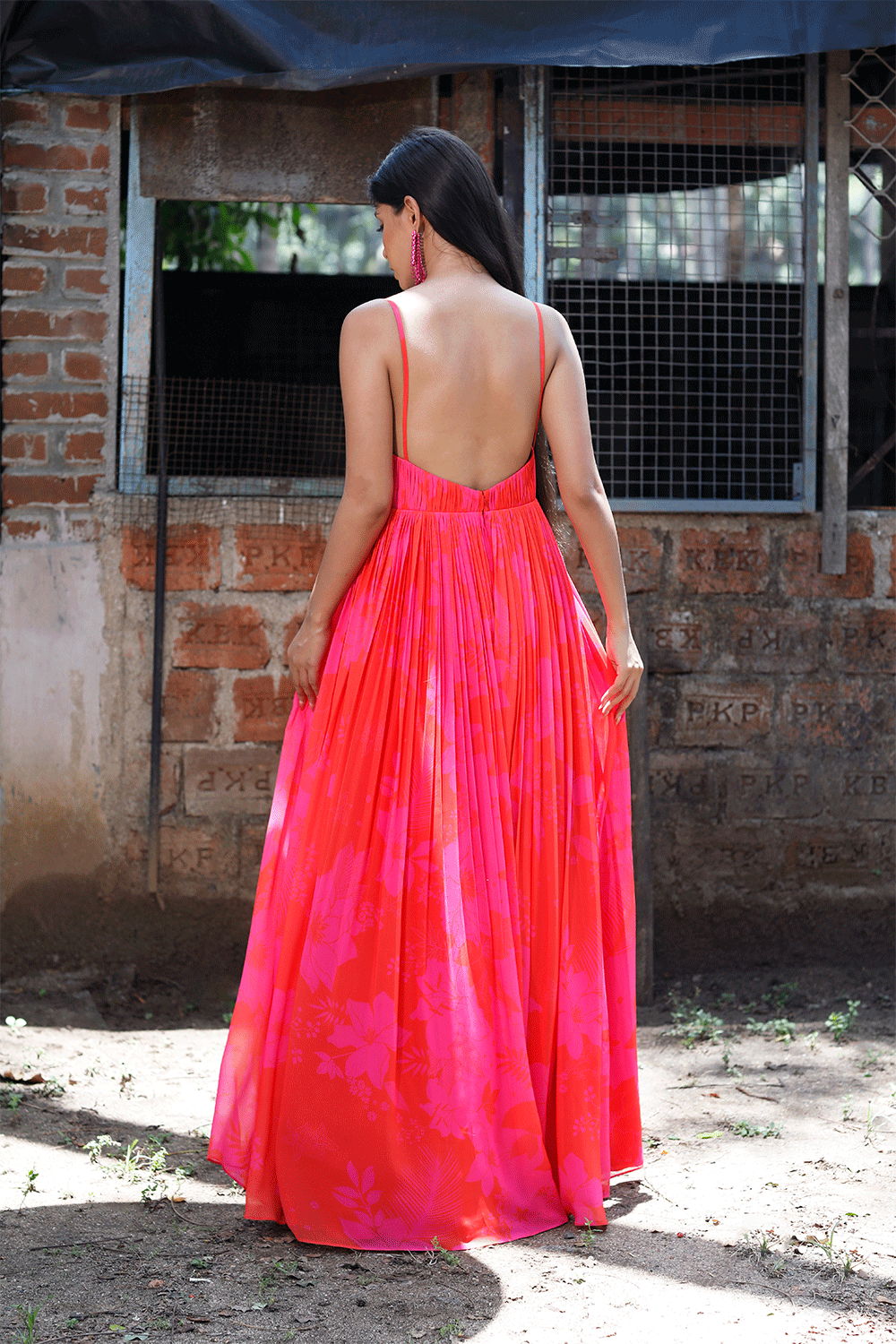 Pink/Red Printed Strappy Ruched Anarkali Set