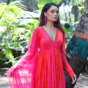 Pink/Red Printed Scallop Anarkali Set