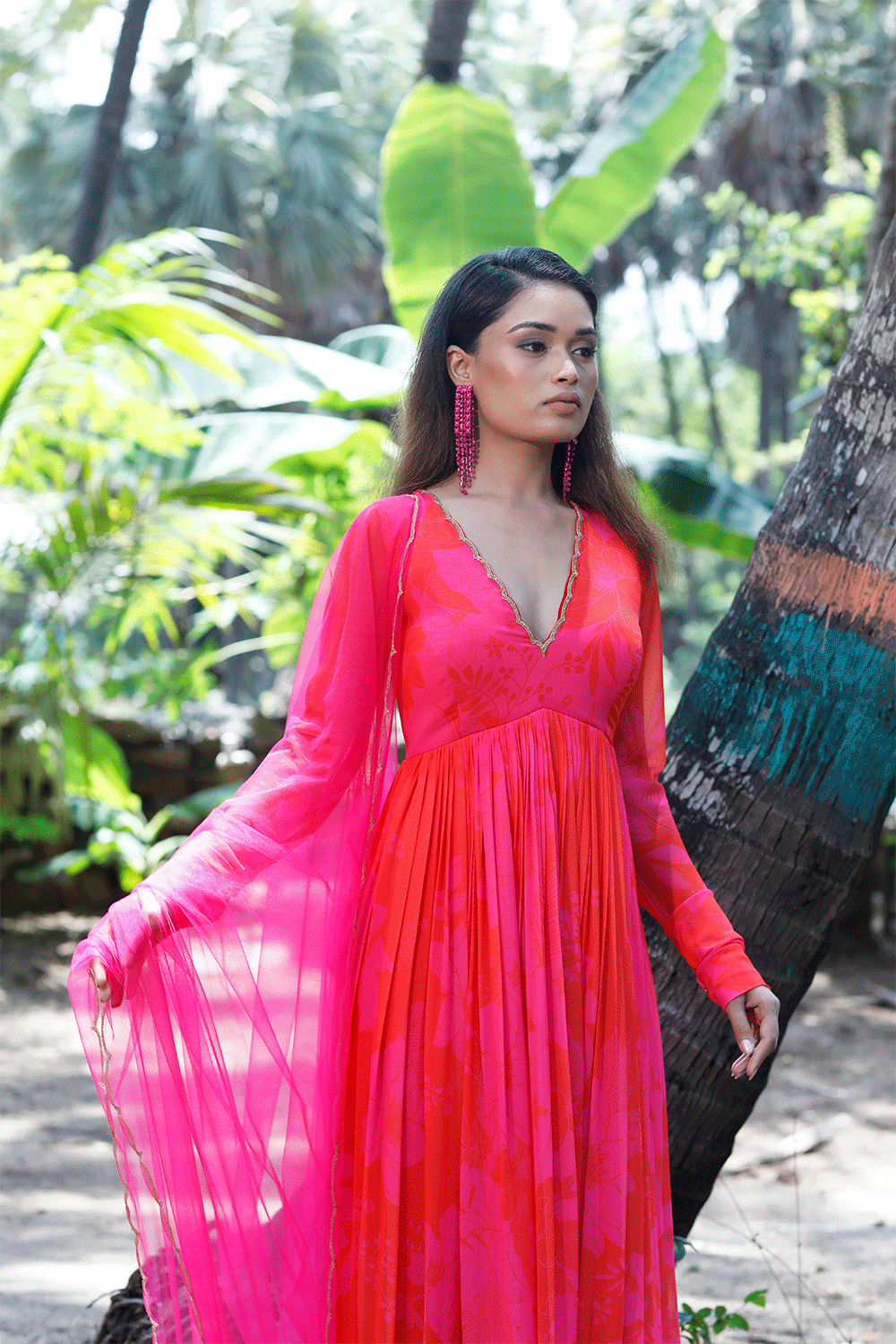 Pink/Red Printed Scallop Anarkali Set