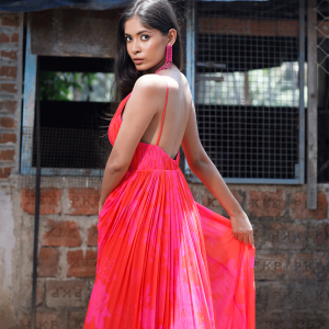 Pink/Red Printed Strappy Ruched Anarkali Set