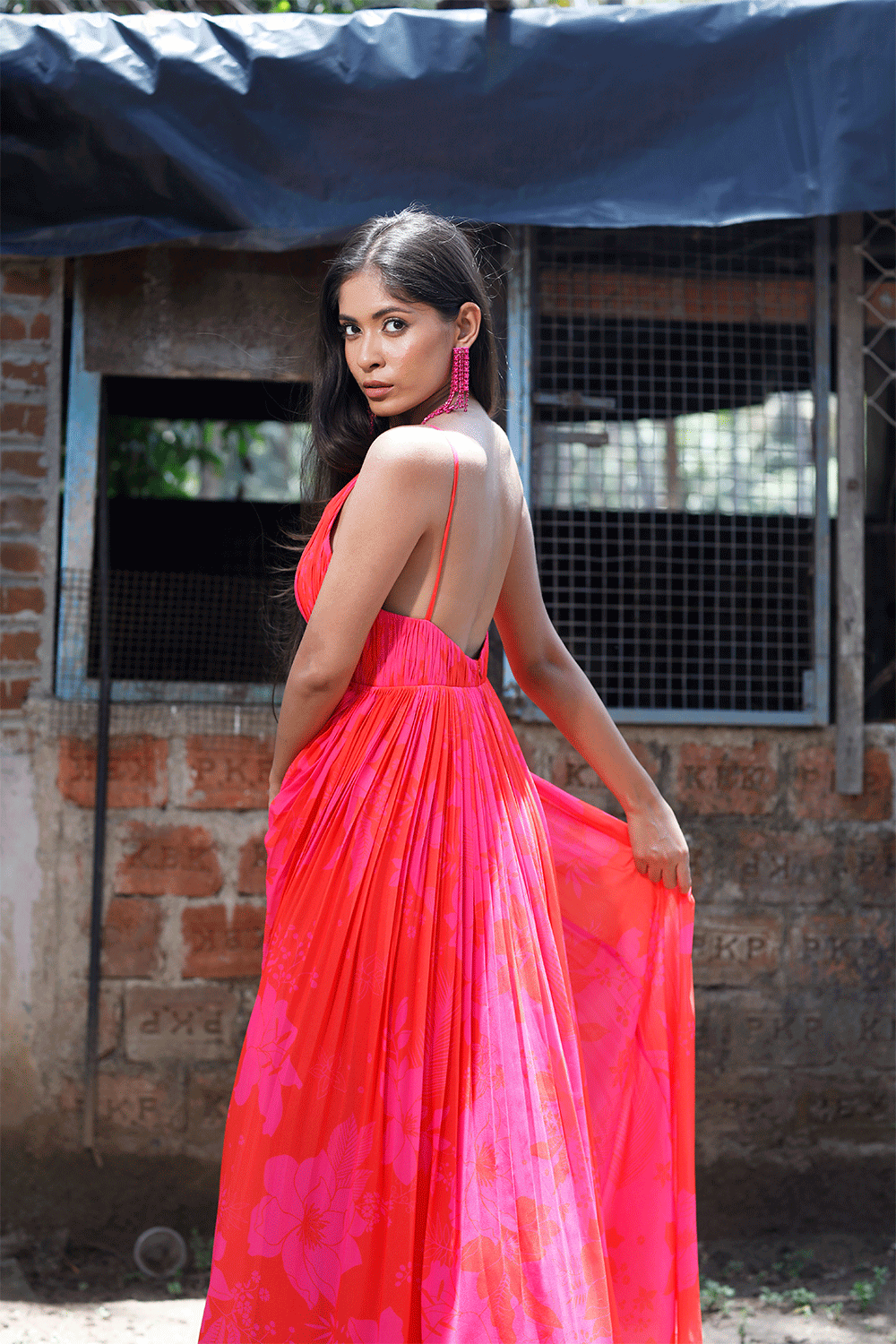 Pink/Red Printed Strappy Ruched Anarkali Set