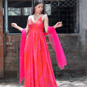 Pink/Red Printed Strappy Ruched Anarkali Set
