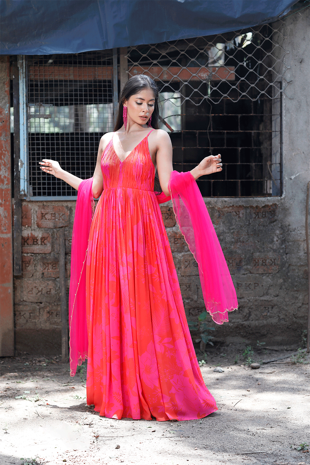 Pink/Red Printed Strappy Ruched Anarkali Set
