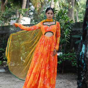Yellow/Orange Printed Cut-Out Anarkali Set