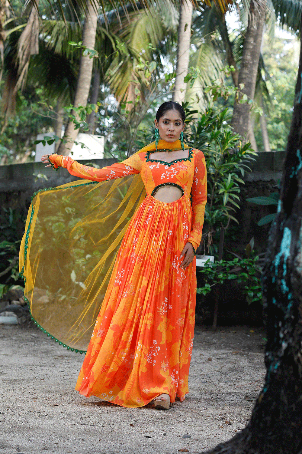 Yellow/Orange Printed Cut-Out Anarkali Set