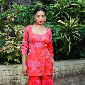 Pink/Red Printed Scoop Scallop Sharara Set