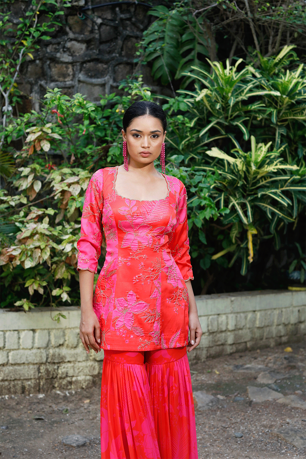 Pink/Red Printed Scoop Scallop Sharara Set