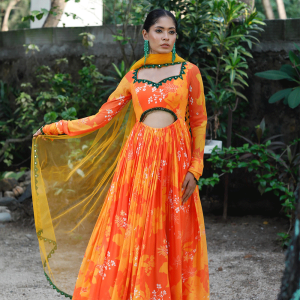Yellow/Orange Printed Cut-Out Anarkali Set