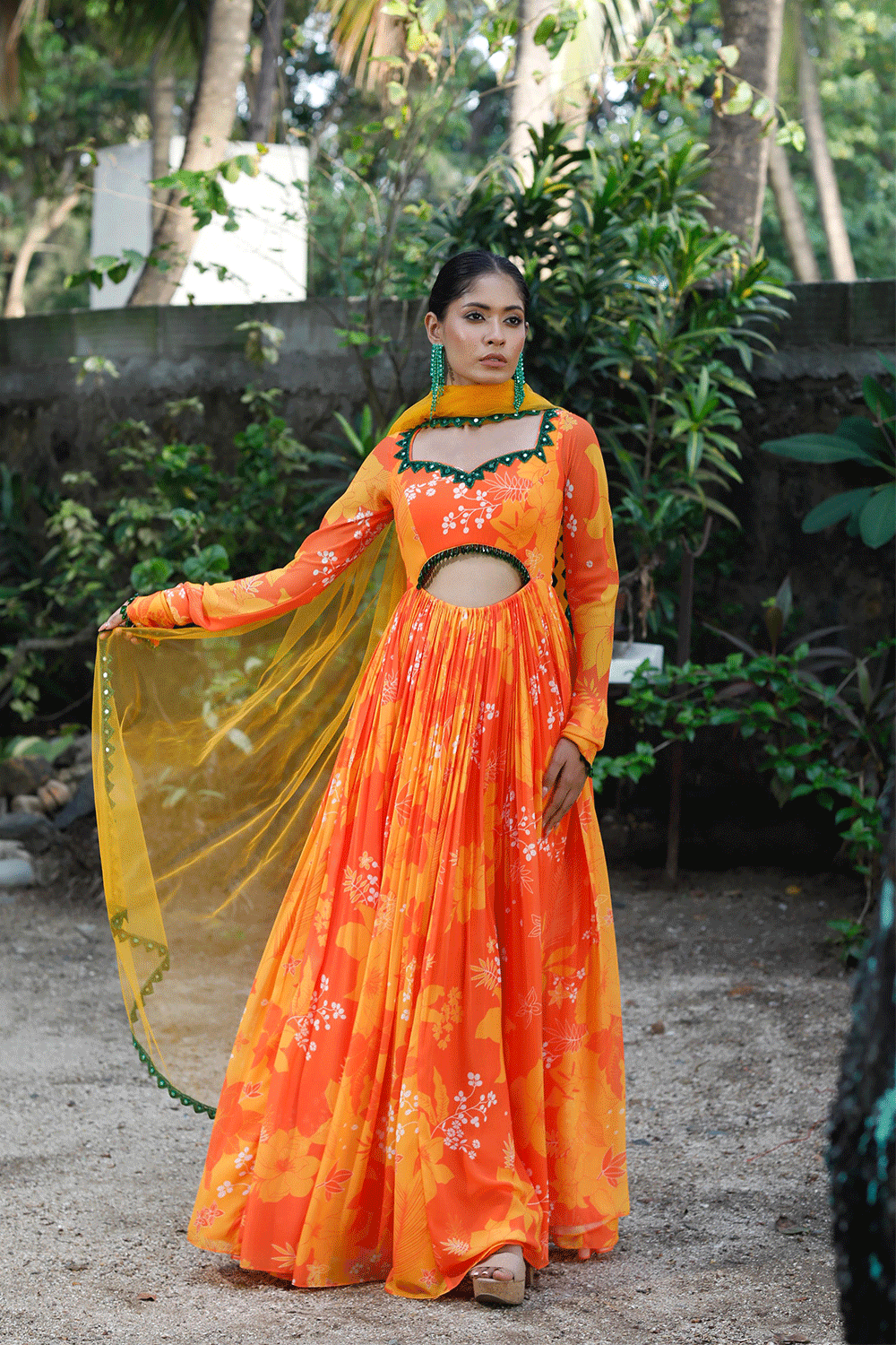 Yellow/Orange Printed Cut-Out Anarkali Set
