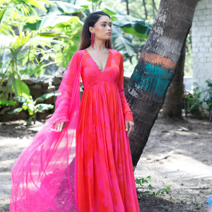 Pink/Red Printed Scallop Anarkali Set