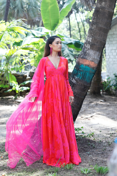 Pink/Red Printed Scallop Anarkali Set