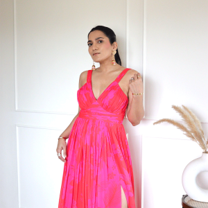 Nikita Madhani in Pink/Red Printed Long Dress