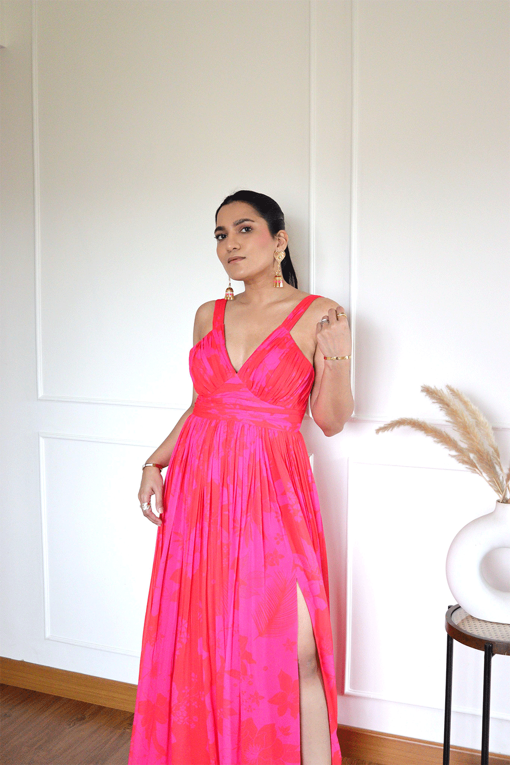 Nikita Madhani in Pink/Red Printed Long Dress