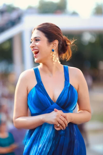 Blue Printed Chiffon Long Dress with a Slit