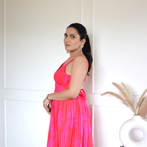Nikita Madhani in Pink/Red Printed Long Dress