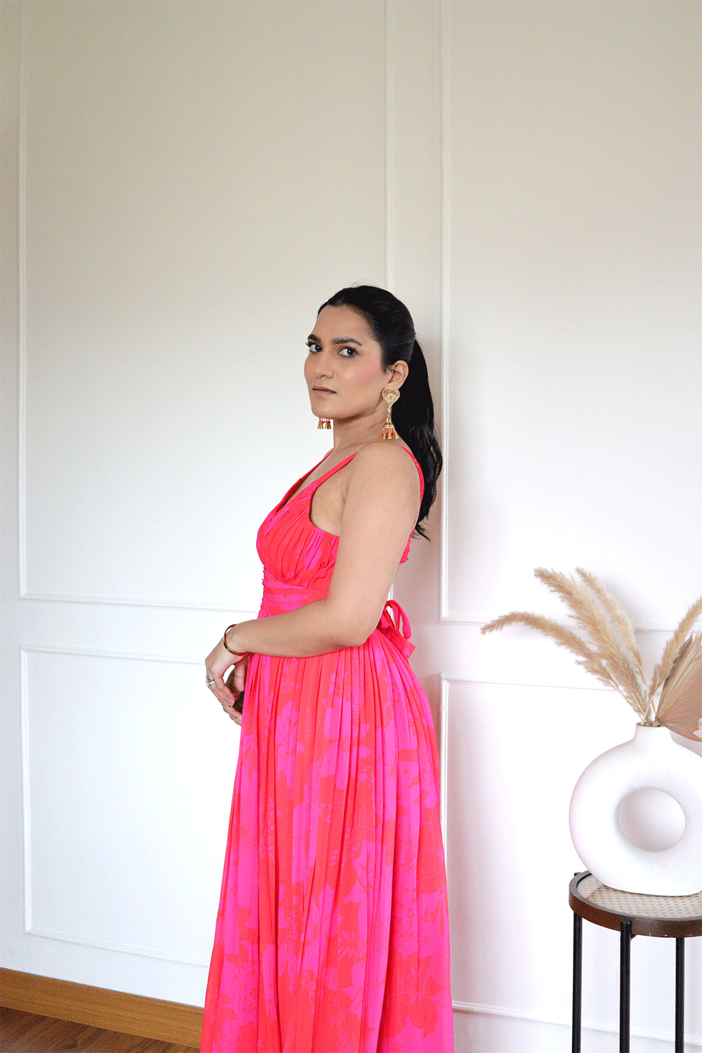 Nikita Madhani in Pink/Red Printed Long Dress