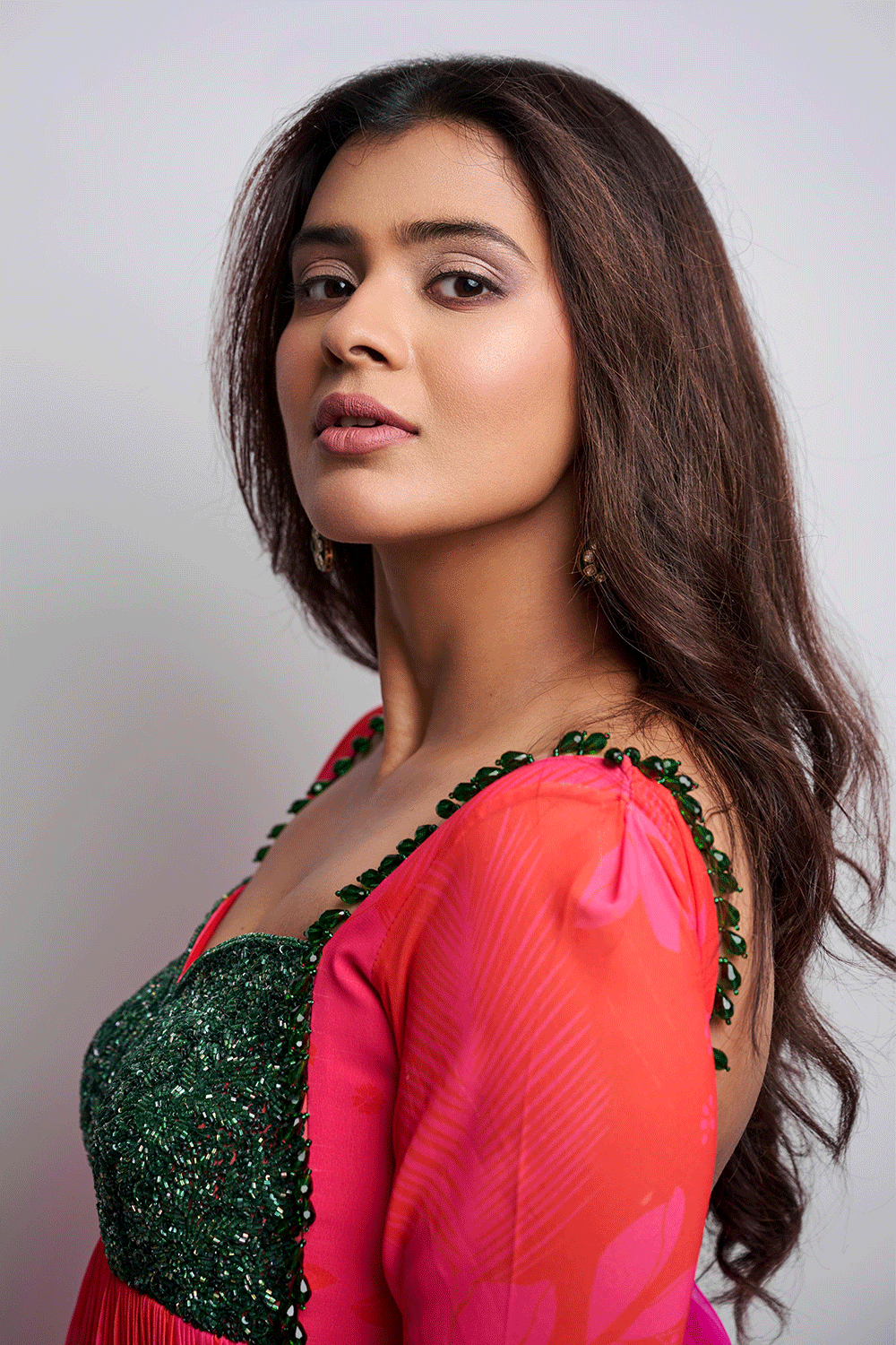 Hebah Patel In Pink/Red Printed Green Work Anarkali Set