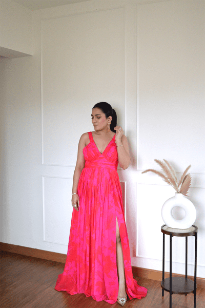 Nikita Madhani in Pink/Red Printed Long Dress