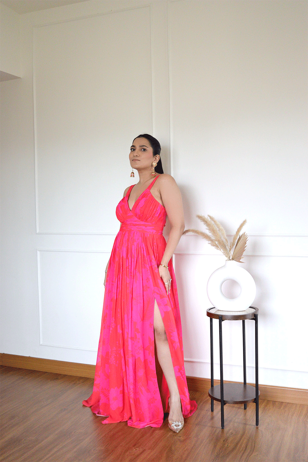Nikita Madhani in Pink/Red Printed Long Dress