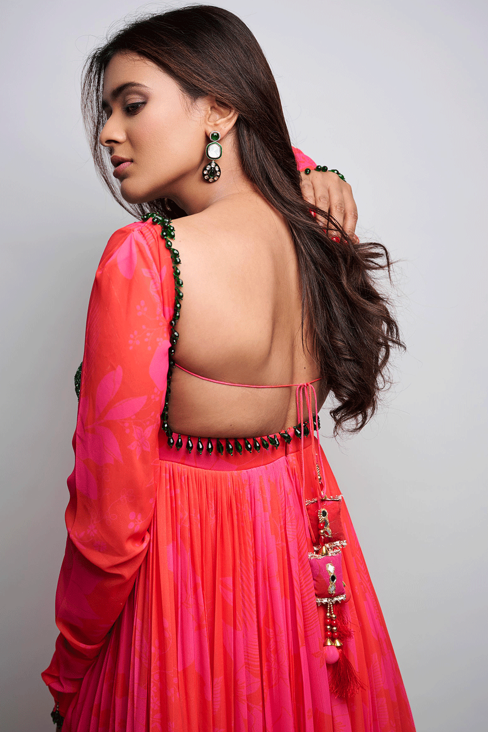Hebah Patel In Pink/Red Printed Green Work Anarkali Set
