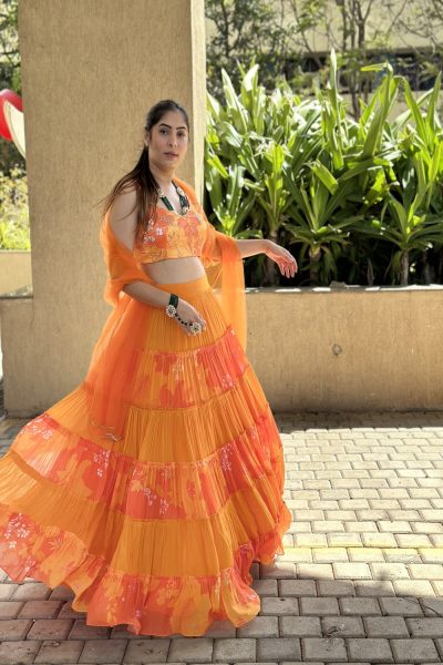 Orange Satin Silk Embroidered Blouse with Printed Georgette and Solid Chinon Tiered Lehenga and Orange Scallop Embroidered Net Dupatta