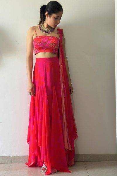 Pink Satin Silk Embroidered Blouse with Printed Georgette High Low Skirt and Tiny Printed Georgette Scallop Embroidered Dupatta