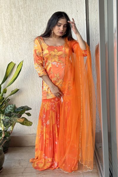 Orange Satin Silk Embroidered Short Kurti with matching Printed Georgette Sharara and Orange Scallop Embroidered Net Dupatta