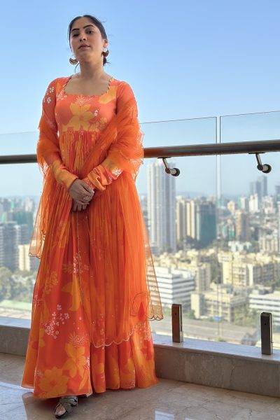 Orange Self Scallop Satin Silk and Georgette Anarkali with Orange Scallop Embroidered Net Dupatta.