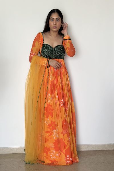 Orange Printed Georgette with Green Embroidered Anarkali paired with Yellow Scallop Embroidered Net Dupatta