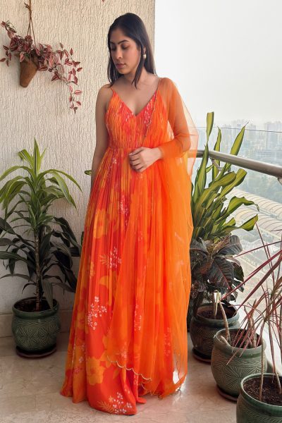 Orange Printed Georgette Ruched Anarkali paired with Yellow Scallop Embroidered Net Dupatta