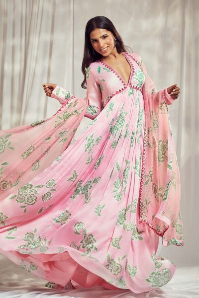 Baby Pink Floral Printed Georgette Satin Mirror work Anarkali paired with Star Organdie Mirror work Dupatta
