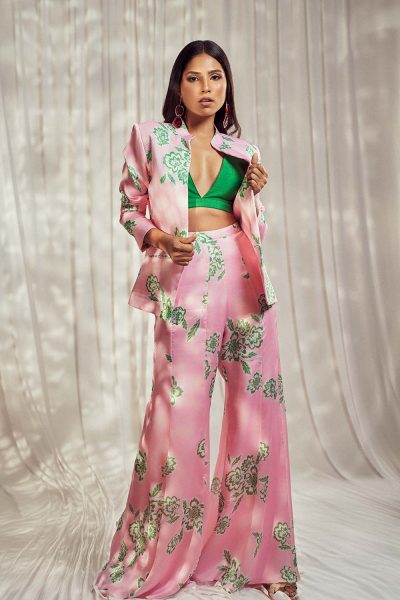 Baby Pink Floral Printed Georgette Satin Blazer with Green Silk Bustier and matching Baby Pink Georgette Satin Palazzo