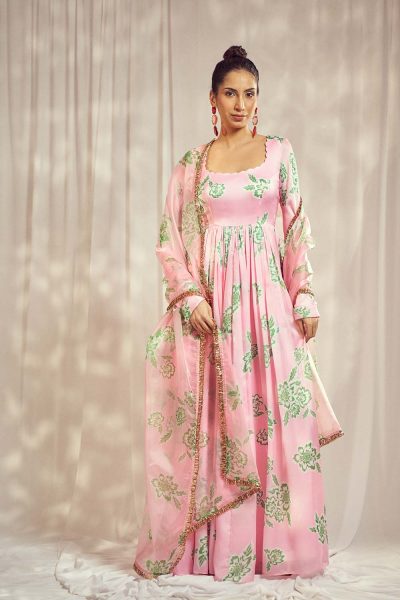 Baby Pink Floral Printed Georgette Satin Self Scallop Anarkali with Star Organdie Dupatta with gold trim lace detailing