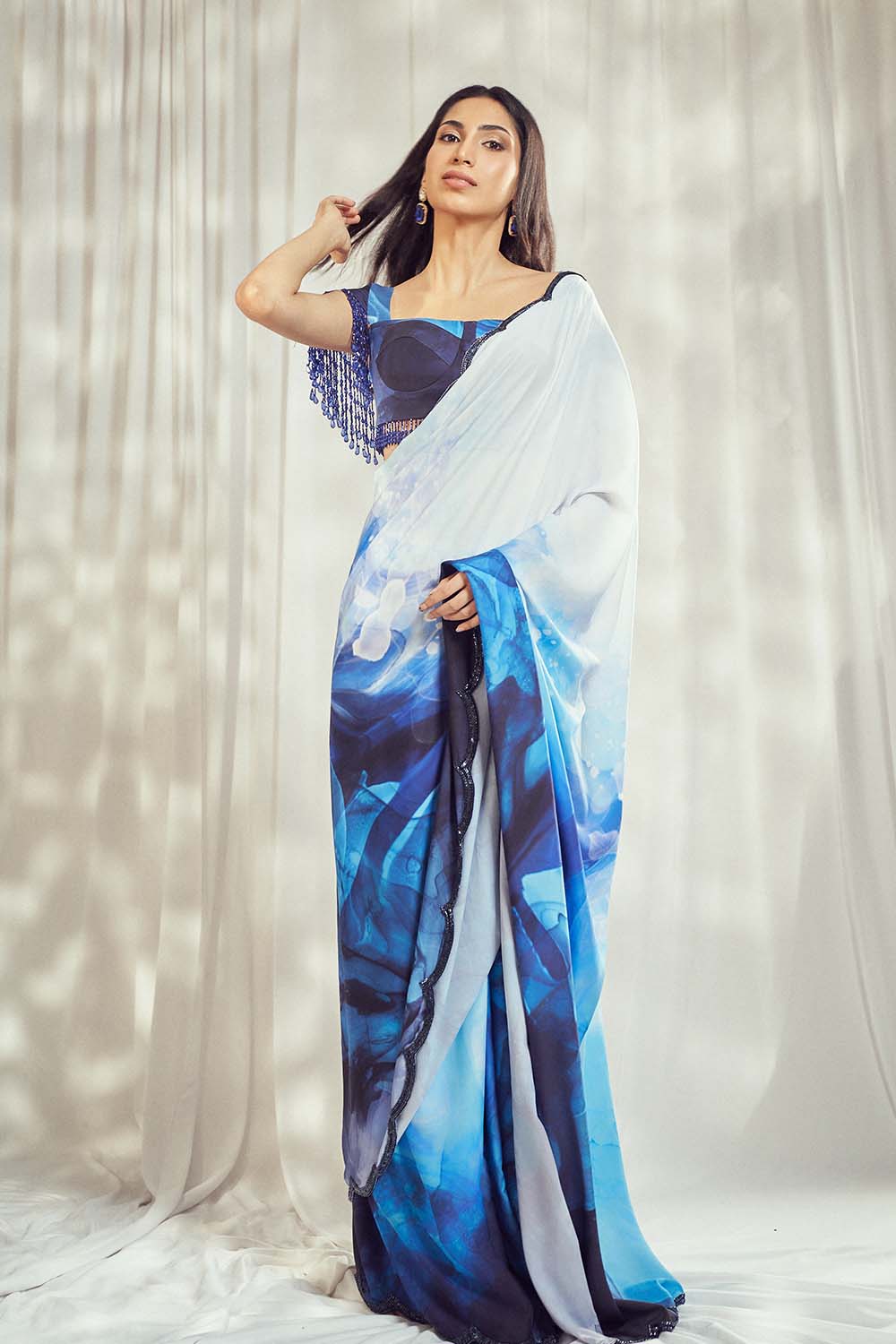 Blue Print Scallop Saree Set HS-24-110