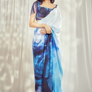 Blue Print Scallop Saree Set HS-24-110