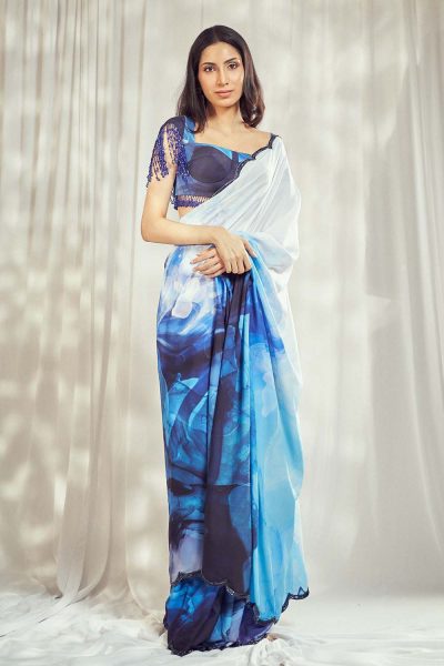 Blue Print Scallop Saree Set HS-24-110