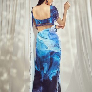 Blue Print Scallop Saree Set HS-24-110