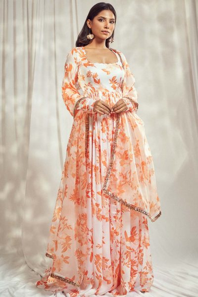 White Floral Printed Georgette Satin Self Scallop Anarkali with Star Organdie Dupatta with gold trim lace detailing