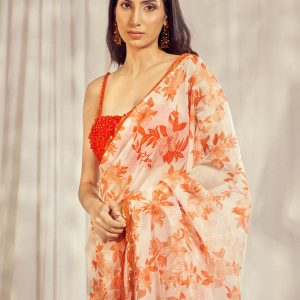 Luxurious Burnt Orange Star Organdie Saree Set - premium designer wear by Harshita Singhvi, crafted with elegance and sophistication