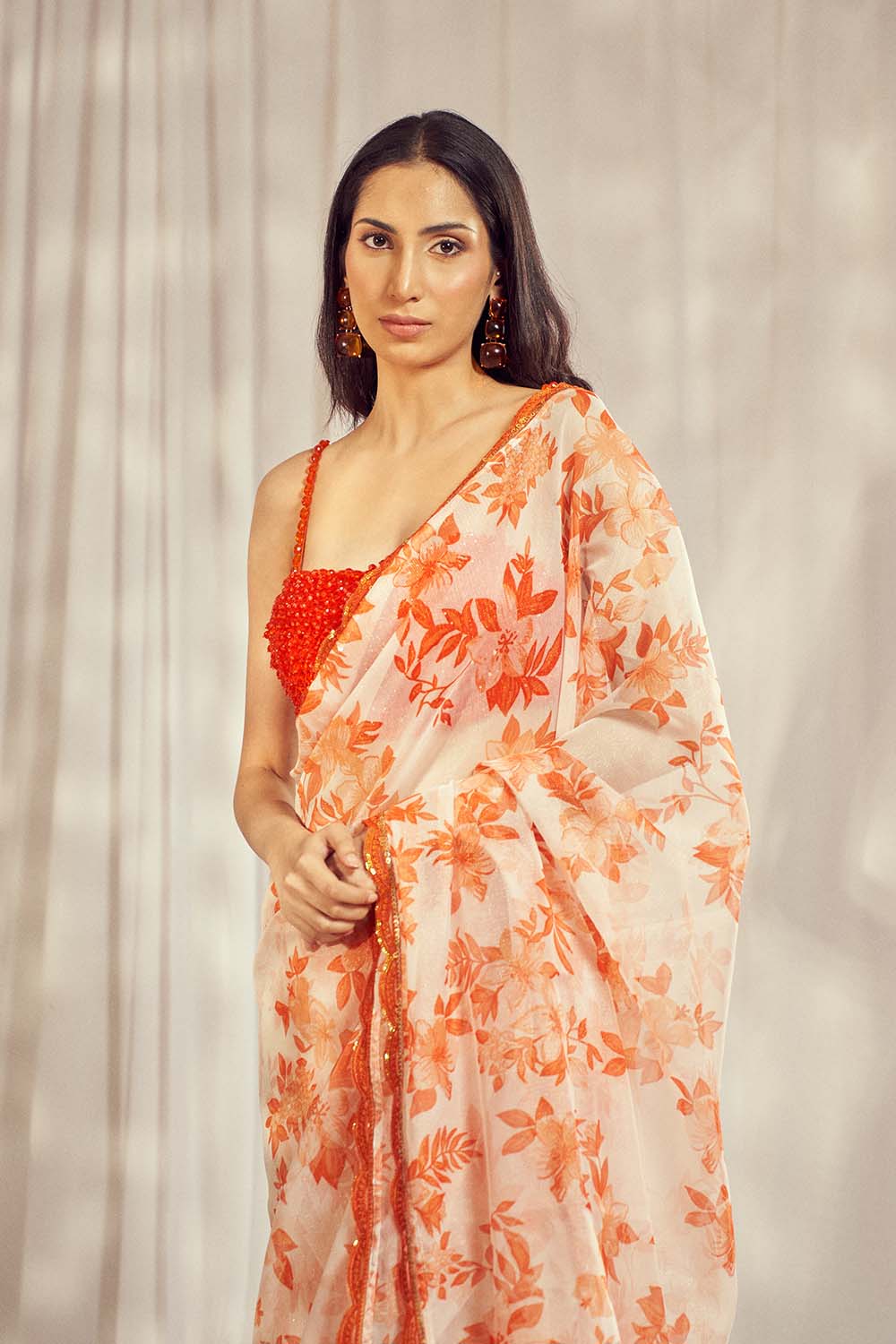Luxurious Burnt Orange Star Organdie Saree Set - premium designer wear by Harshita Singhvi, crafted with elegance and sophistication