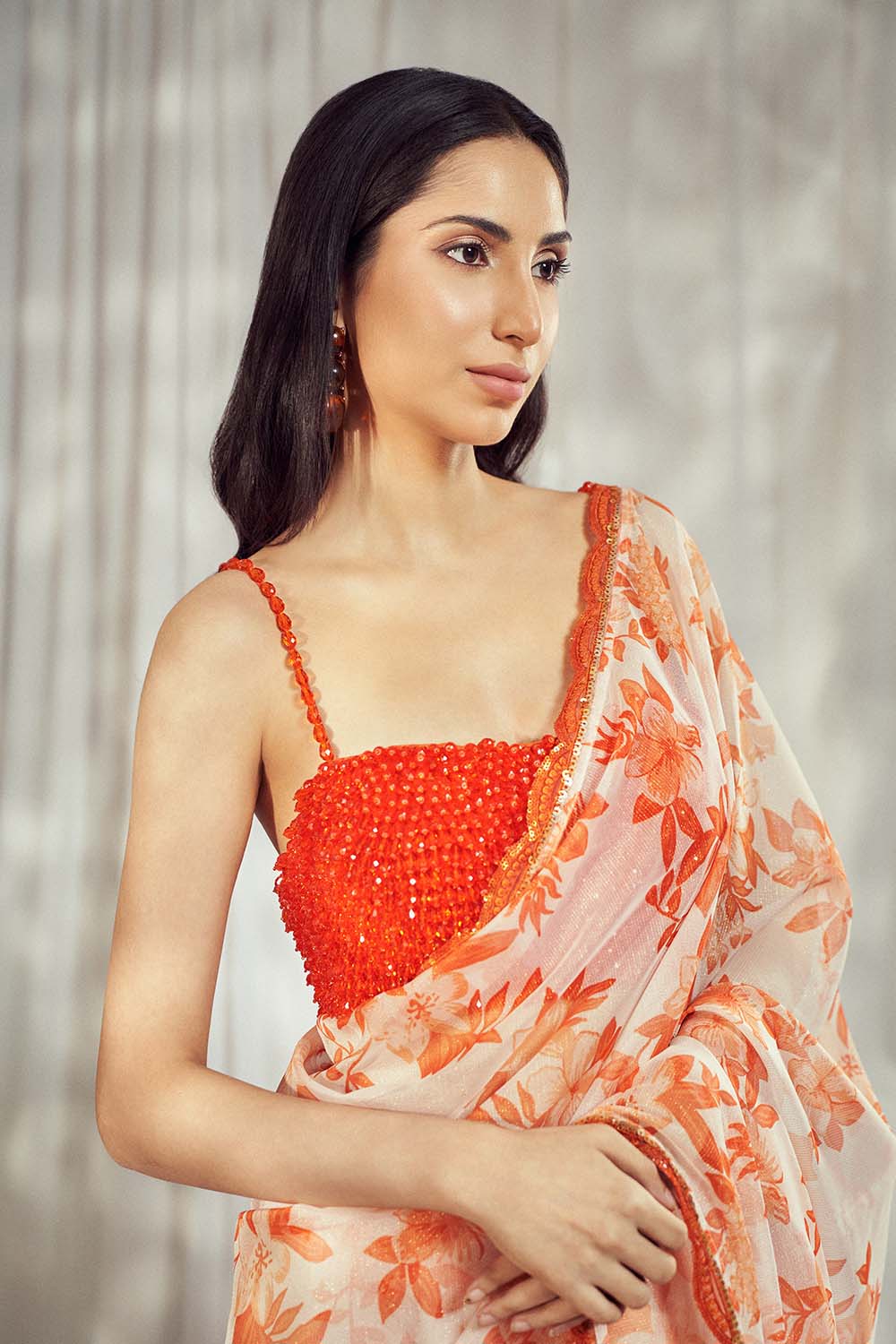 Luxurious Burnt Orange Star Organdie Saree Set - premium designer wear by Harshita Singhvi, crafted with elegance and sophistication