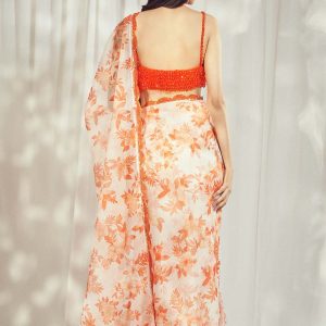 Luxurious Burnt Orange Star Organdie Saree Set - premium designer wear by Harshita Singhvi, crafted with elegance and sophistication