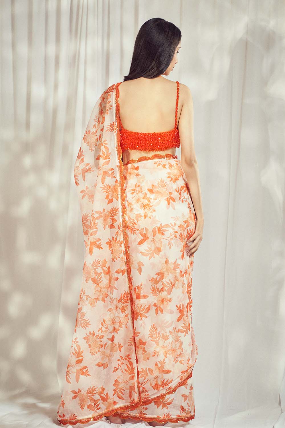 Luxurious Burnt Orange Star Organdie Saree Set - premium designer wear by Harshita Singhvi, crafted with elegance and sophistication