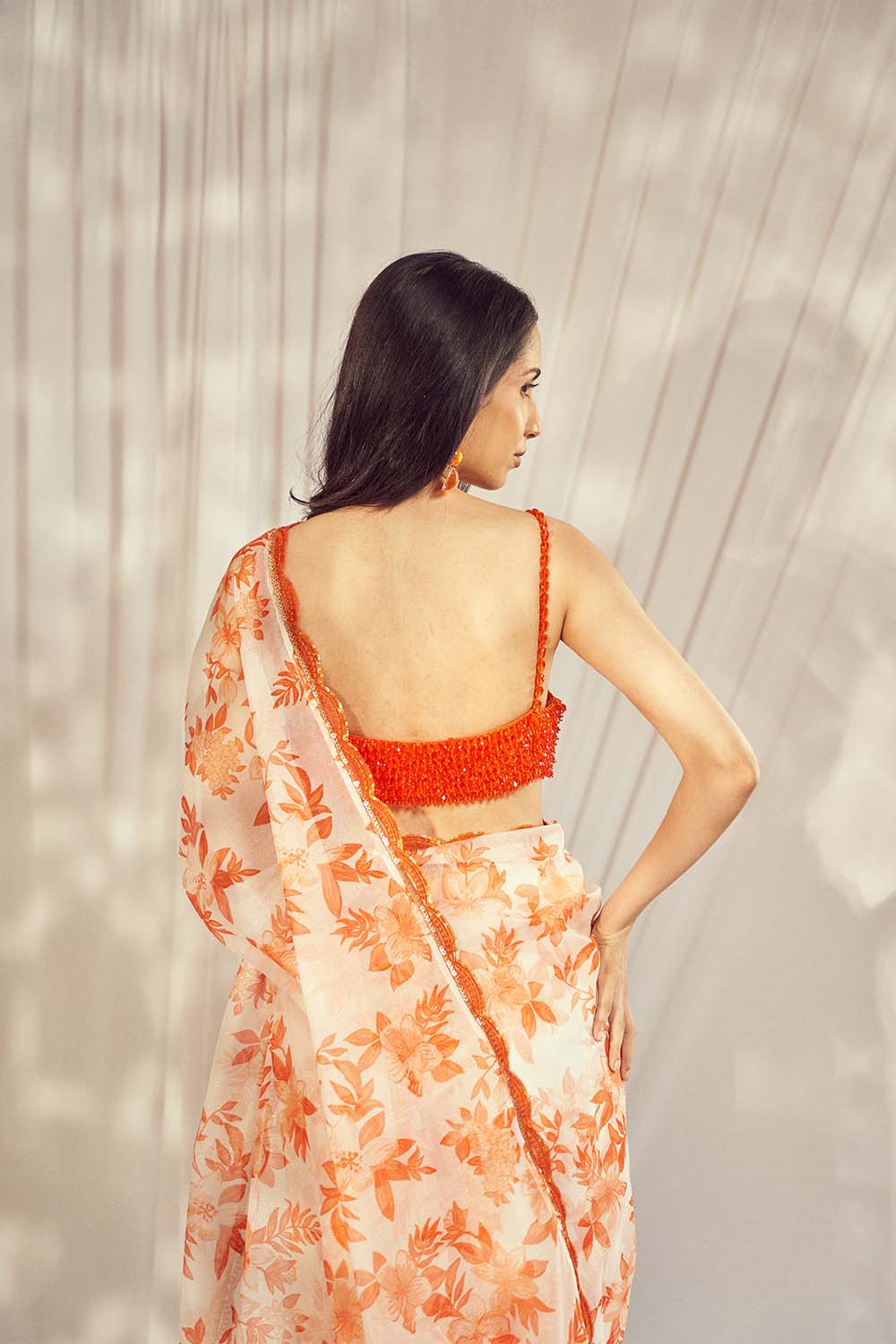 Luxurious Burnt Orange Star Organdie Saree Set - premium designer wear by Harshita Singhvi, crafted with elegance and sophistication